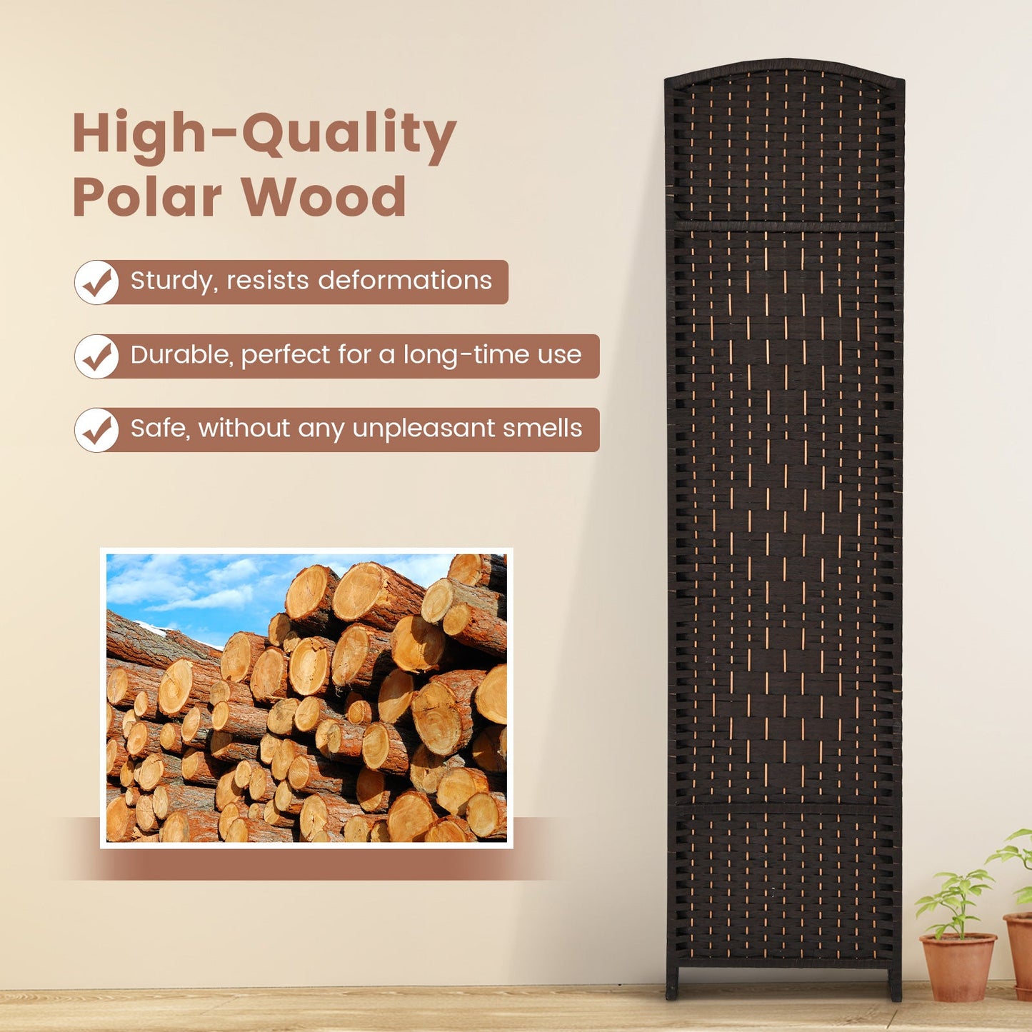 6 Panel Folding Room Divider with Hand-Woven Wicker for Home Office-Brown