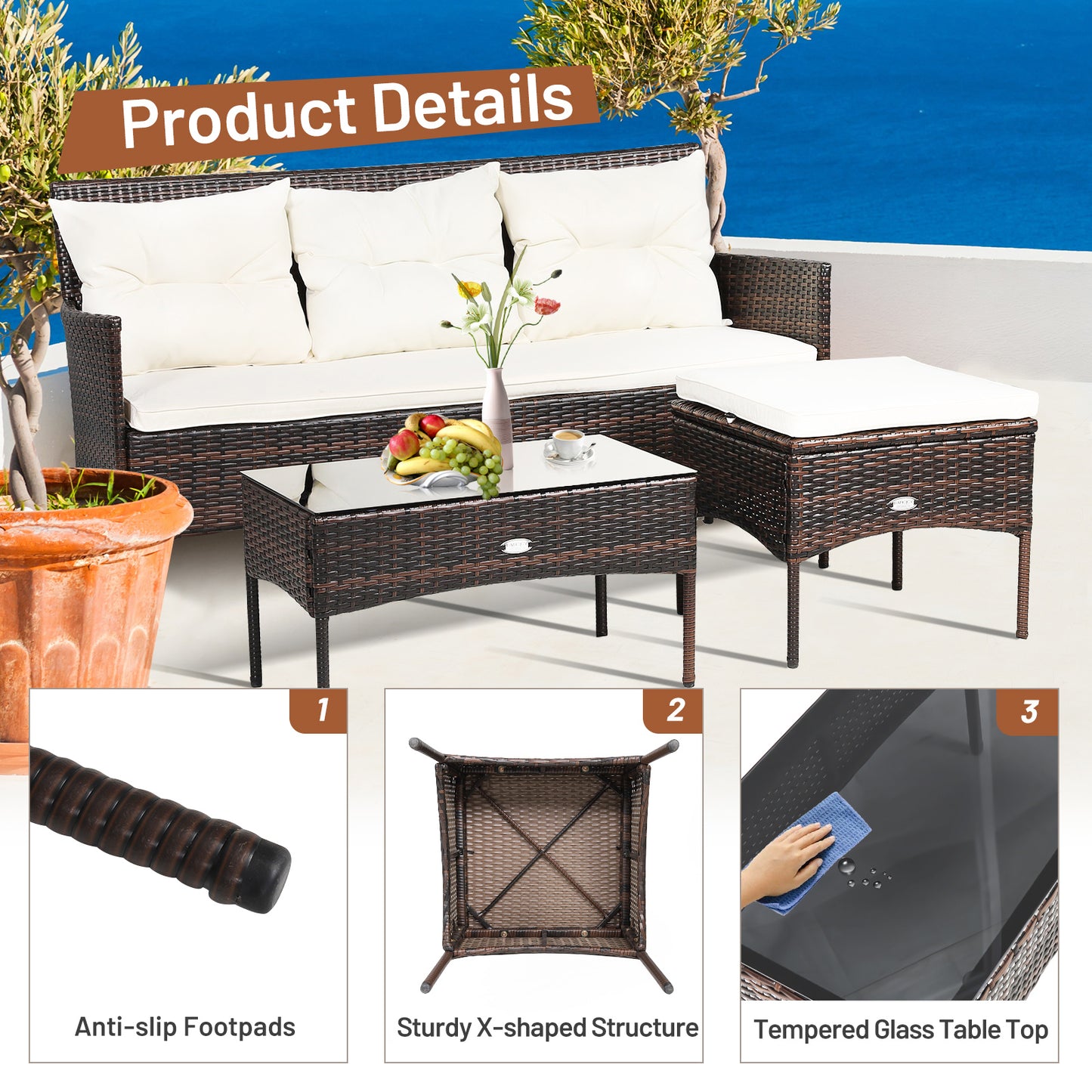 4 Seater Rattan Garden Furniture Set with Cushioned Sofa-White