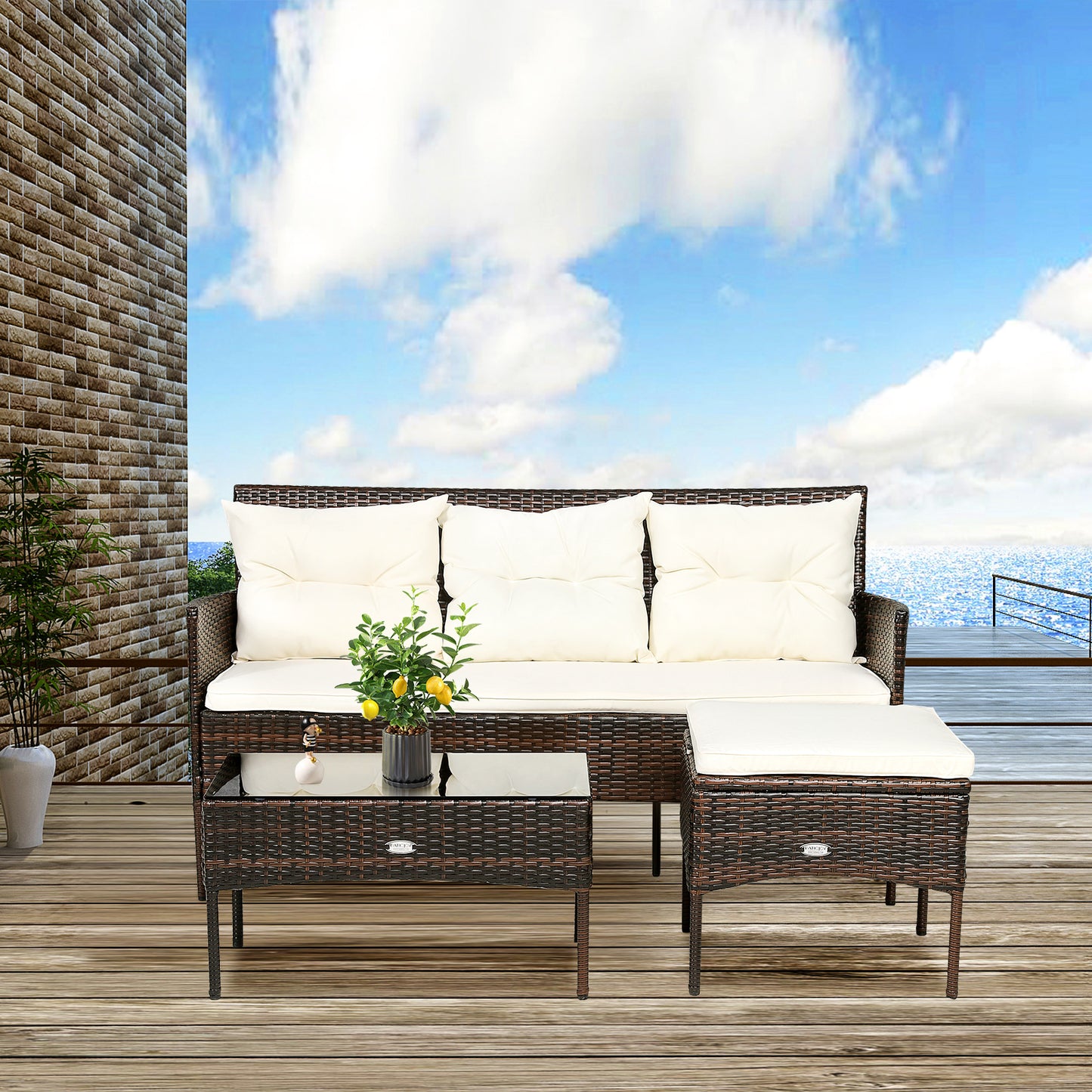 4 Seater Rattan Garden Furniture Set with Cushioned Sofa-White
