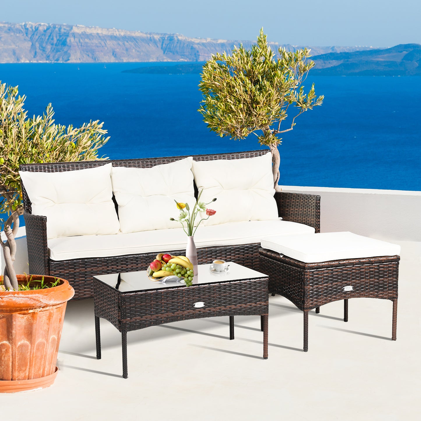 4 Seater Rattan Garden Furniture Set with Cushioned Sofa-White