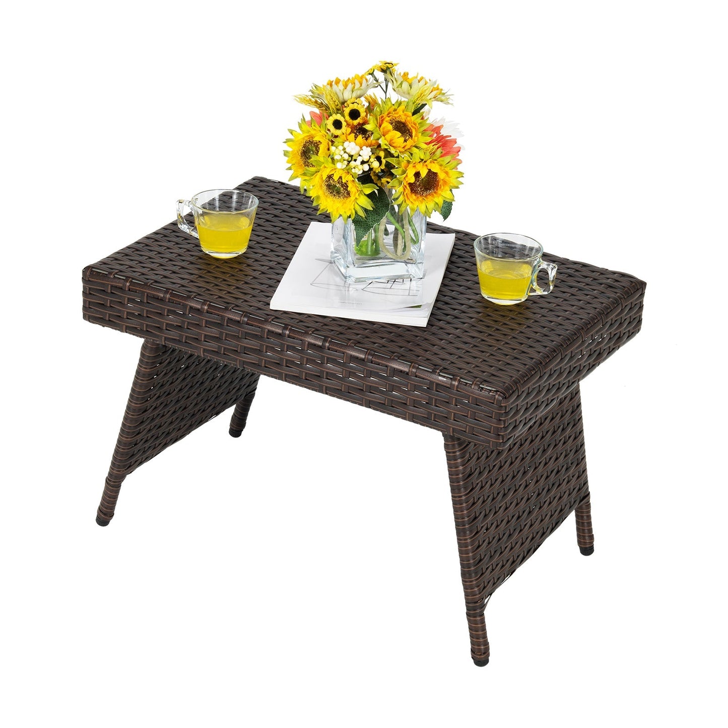 Patio Wicker Folding Coffee Table with Sturdy Steel Frame