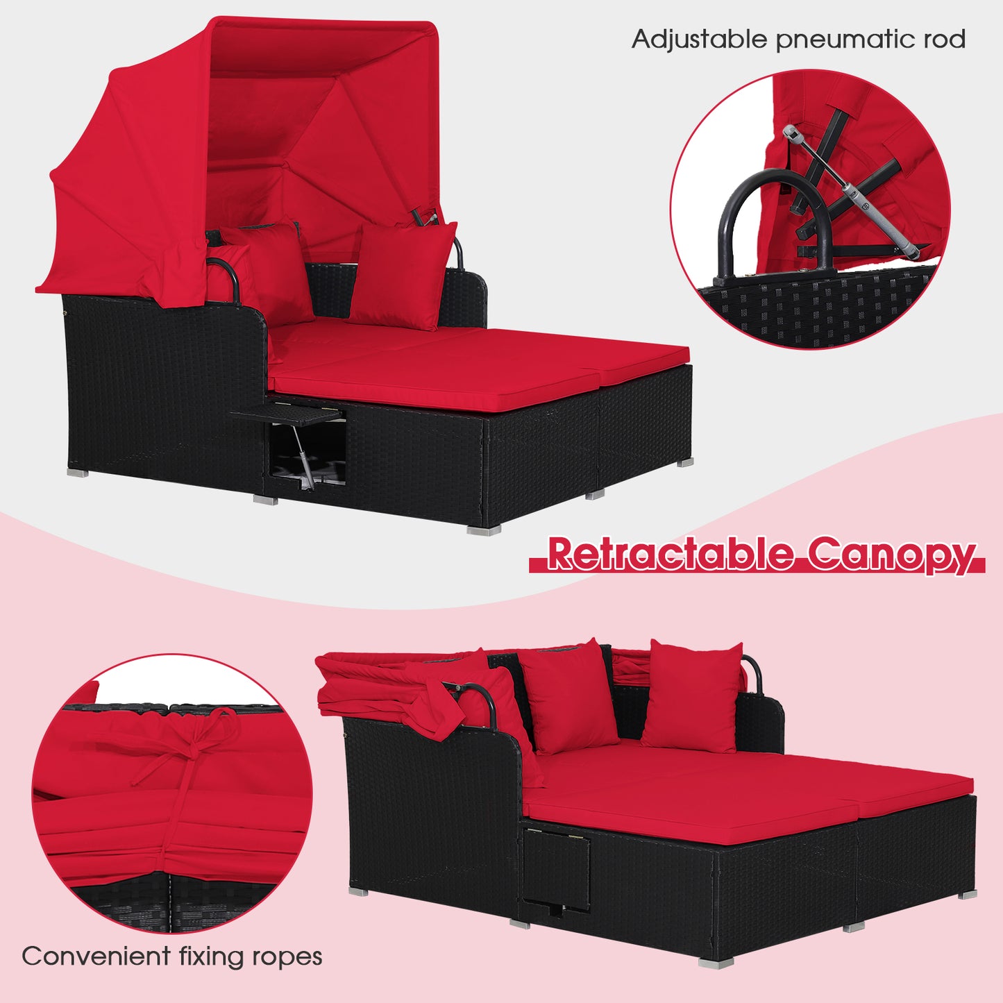Garden Rattan Daybed with Retractable Canopy and Cushions-Red