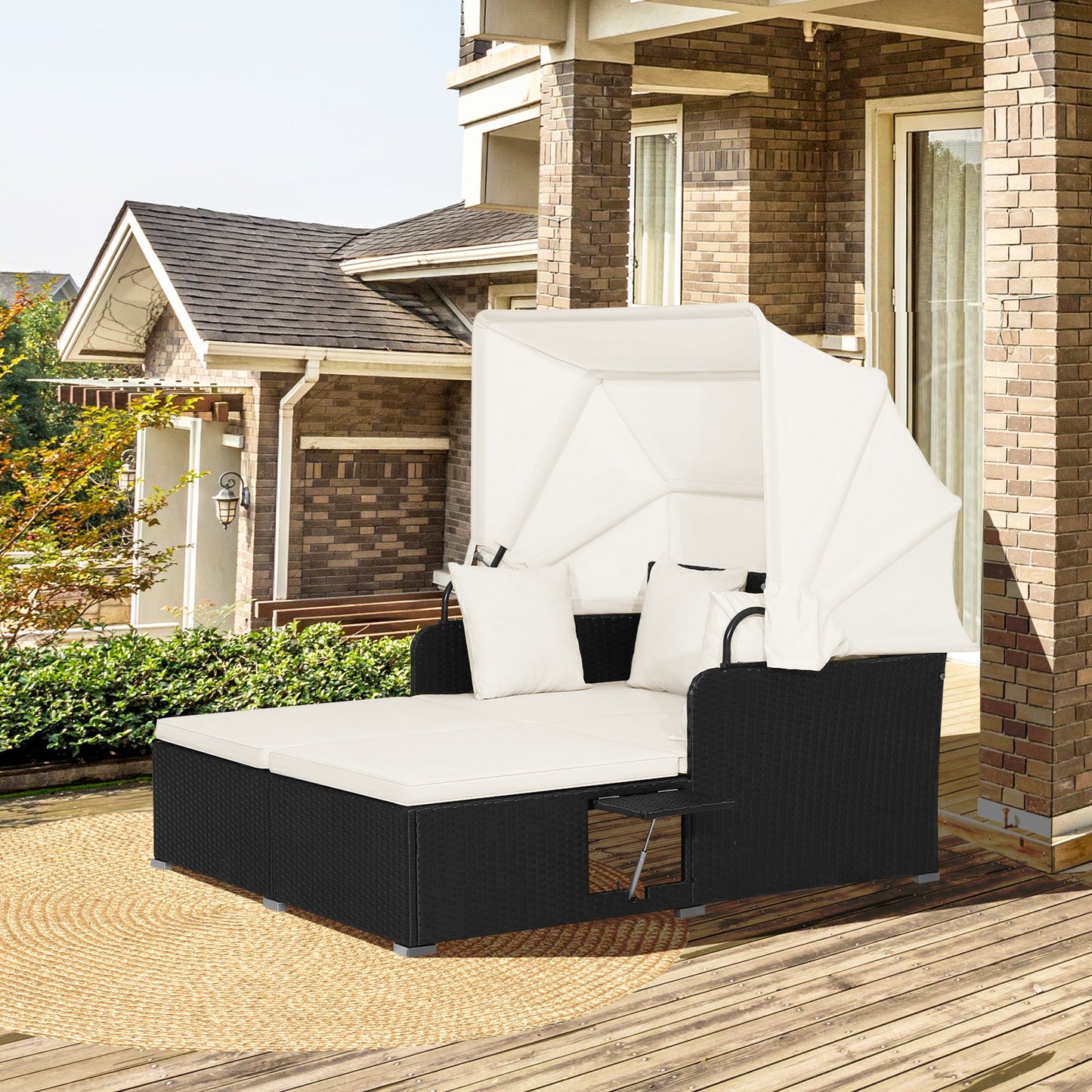 Patio Rattan Daybed with Retractable Canopy and Side Trays and Cushions-White