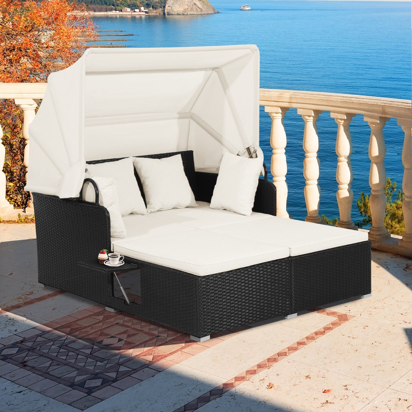 Patio Rattan Daybed with Retractable Canopy and Side Trays and Cushions-White
