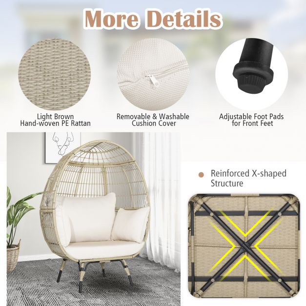 Oversized Rattan Egg Chair with 4 Cushions for Balcony Backyard
