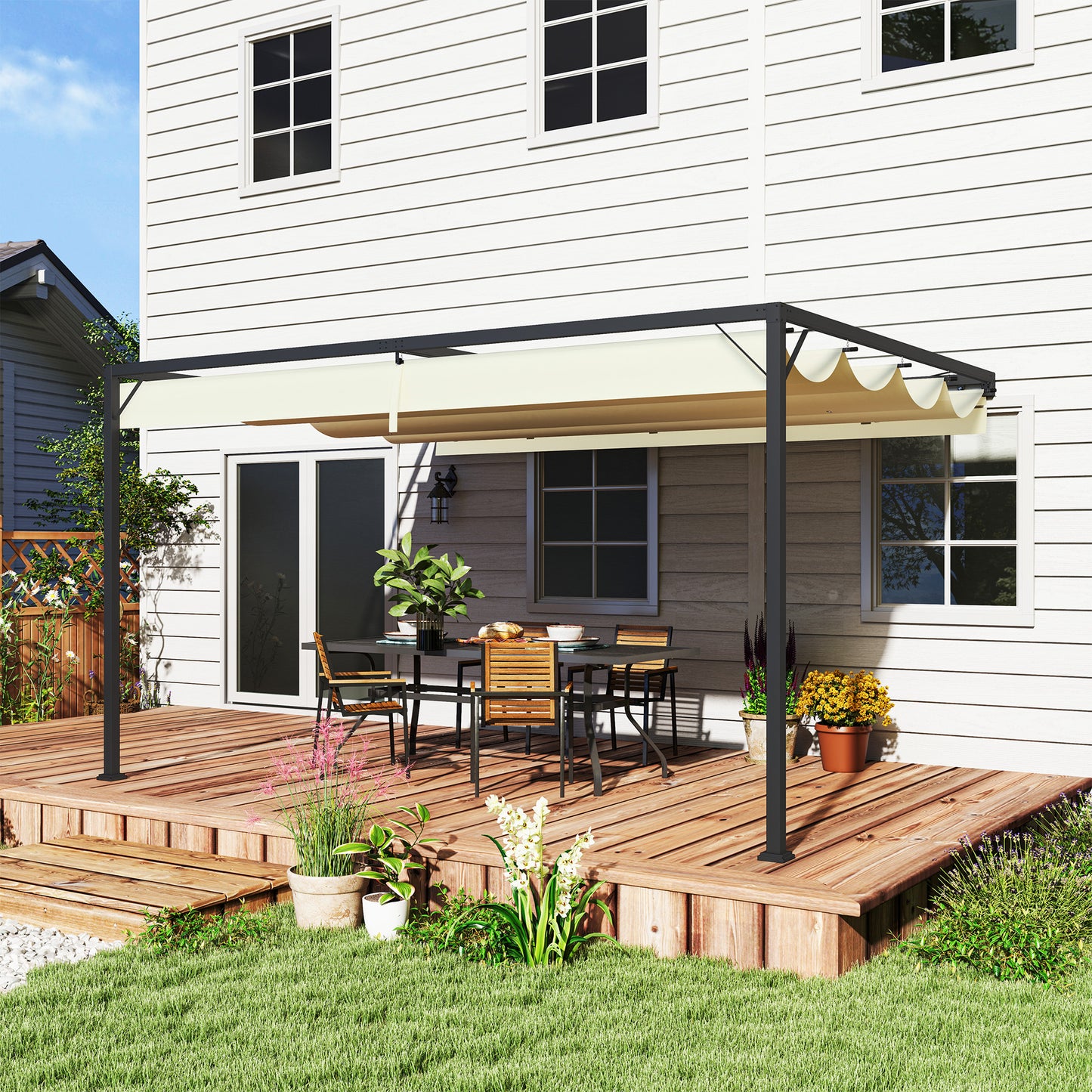 Outsunny 4 x 3(m) Pergola zewnętrzna z chowanym baldachimem, montowana na ścianie, zadaszenie tarasu, osłona przeciwsłoneczna, kremowo-biała
