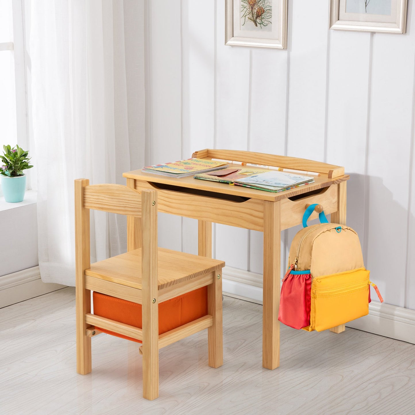 Kids Table and Chair Set with Hidden Space and Hook-Natural
