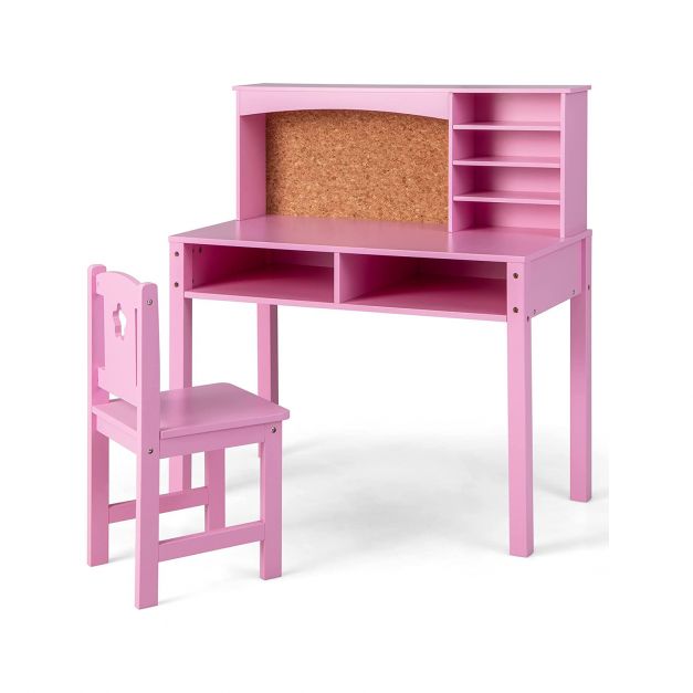 Wooden Kids Desk and Chair Set with Hutch for Studying and Reading-Pink