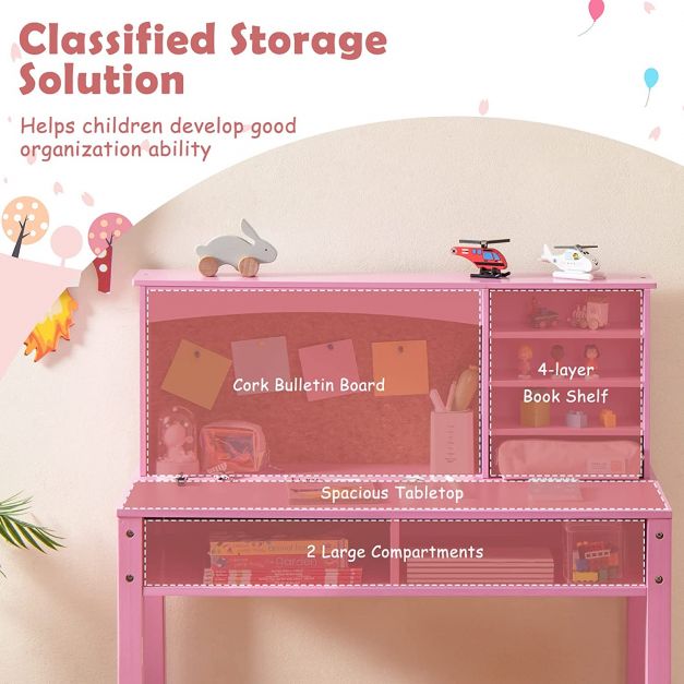Wooden Kids Desk and Chair Set with Hutch for Studying and Reading-Pink