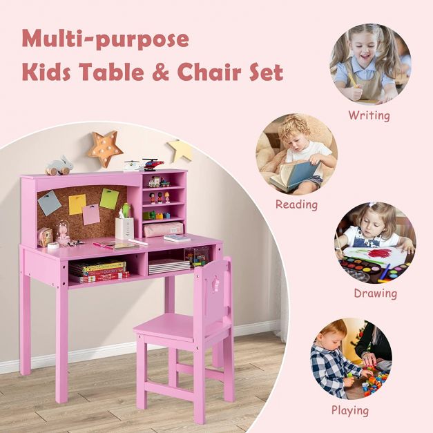 Wooden Kids Desk and Chair Set with Hutch for Studying and Reading-Pink