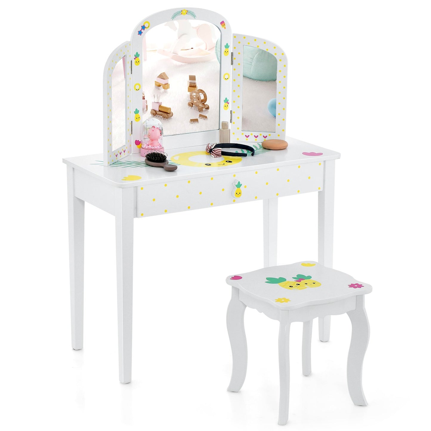 Kids Vanity Set Pretend Play Makeup Dressing Table Set-White