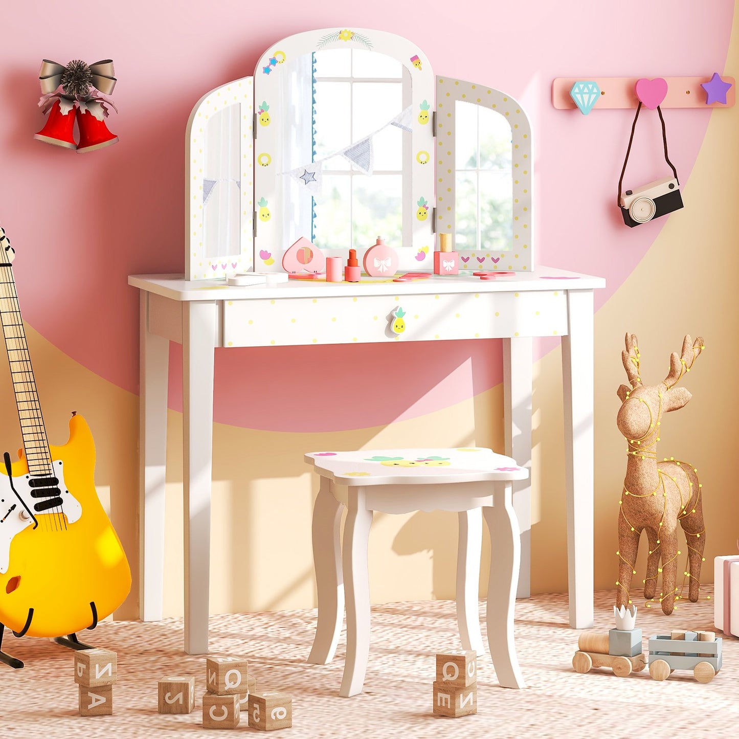 Kids Vanity Set Pretend Play Makeup Dressing Table Set-White