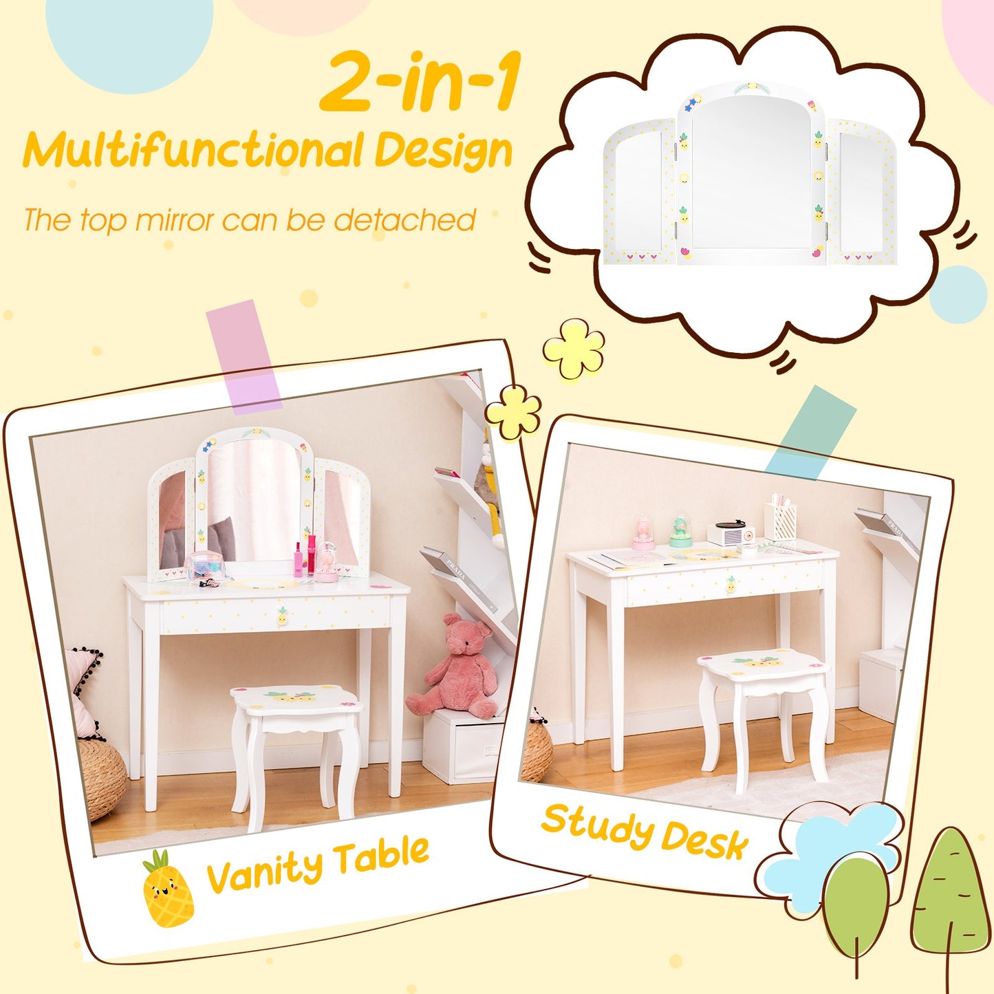 Kids Vanity Set Pretend Play Makeup Dressing Table Set-White