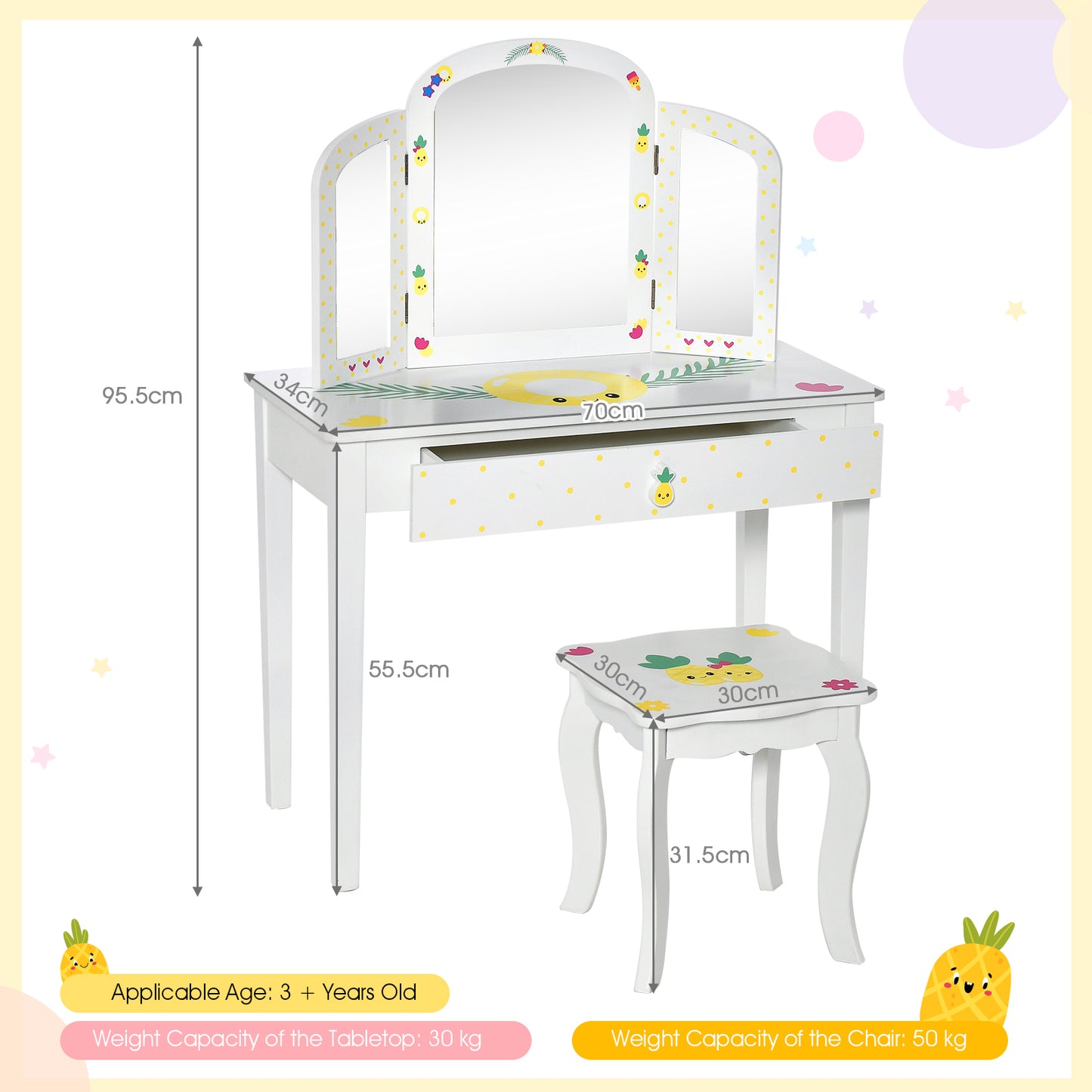 Kids Vanity Set Pretend Play Makeup Dressing Table Set-White