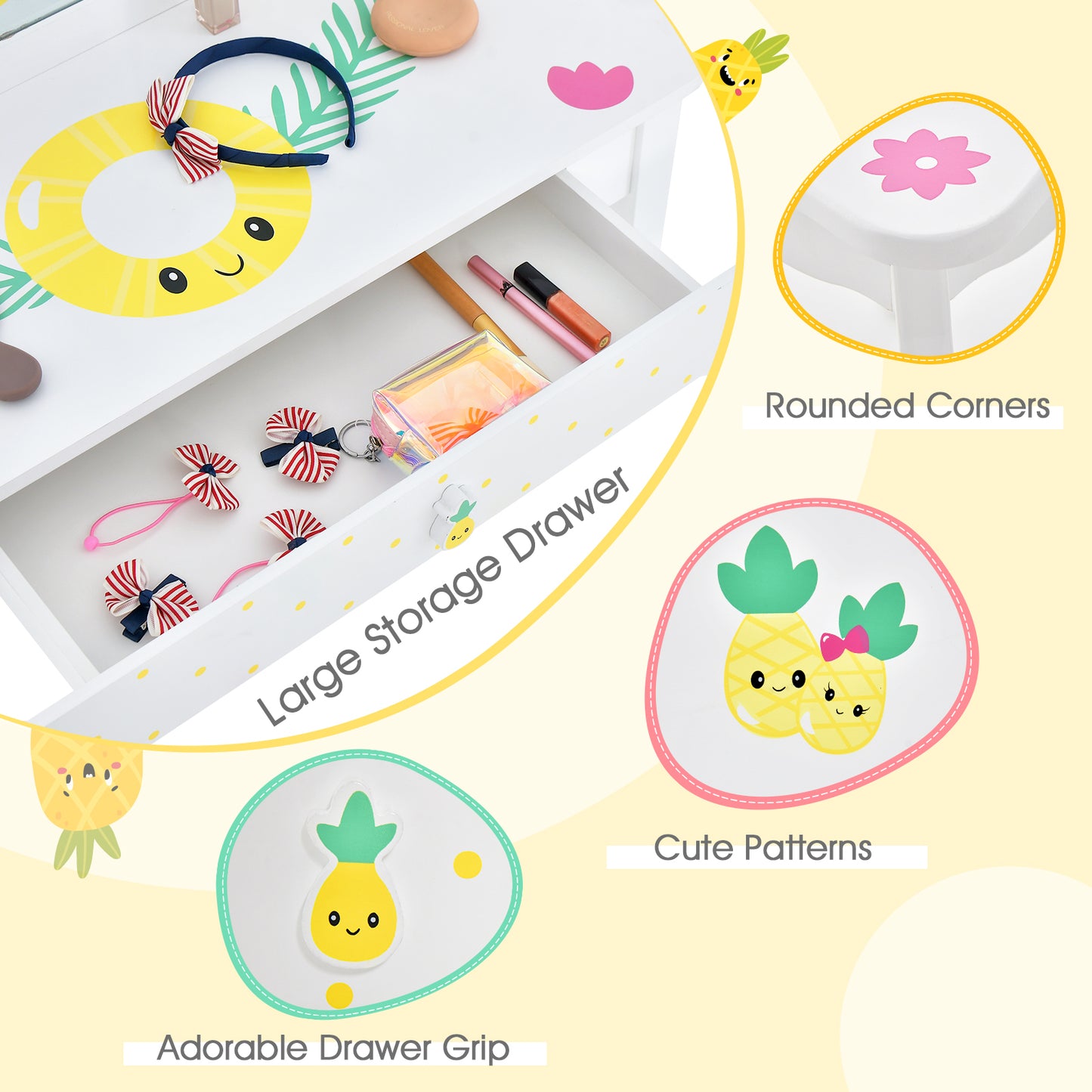 Kids Vanity Set Pretend Play Makeup Dressing Table Set-White