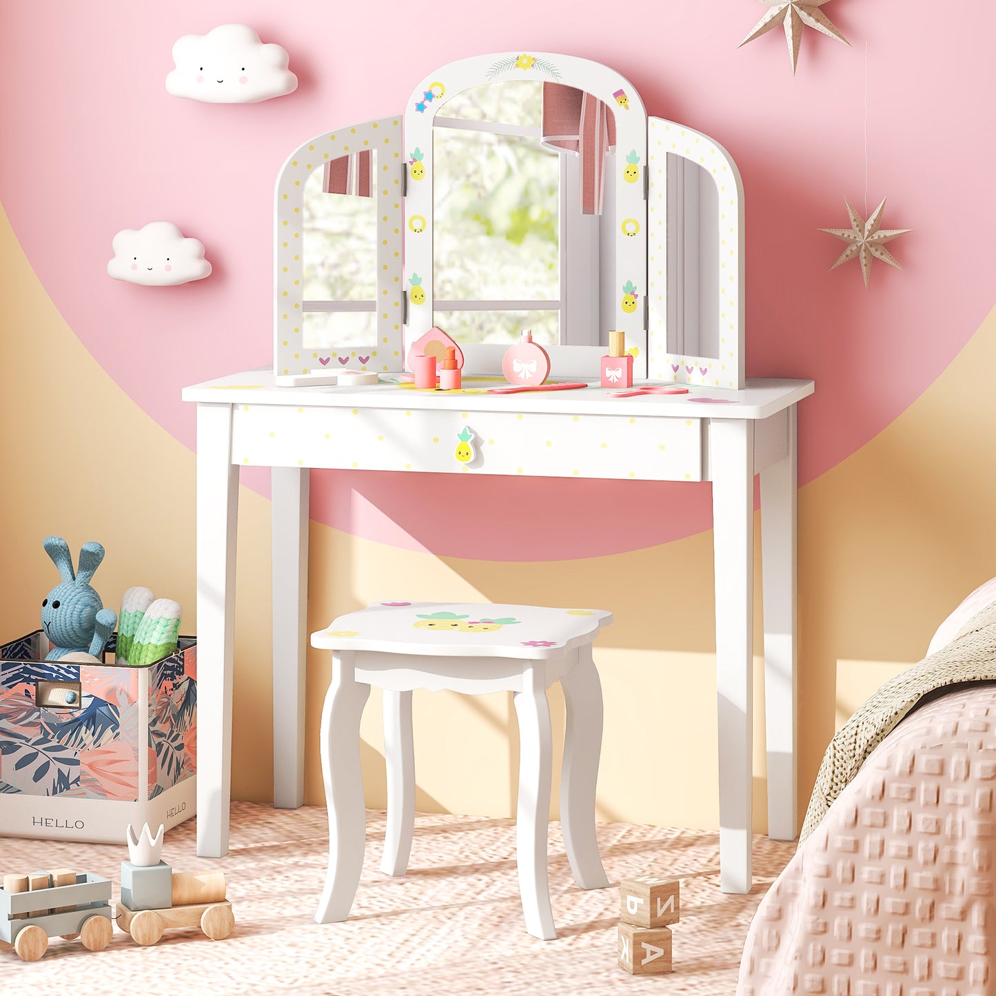 Kids Vanity Set Pretend Play Makeup Dressing Table Set-White