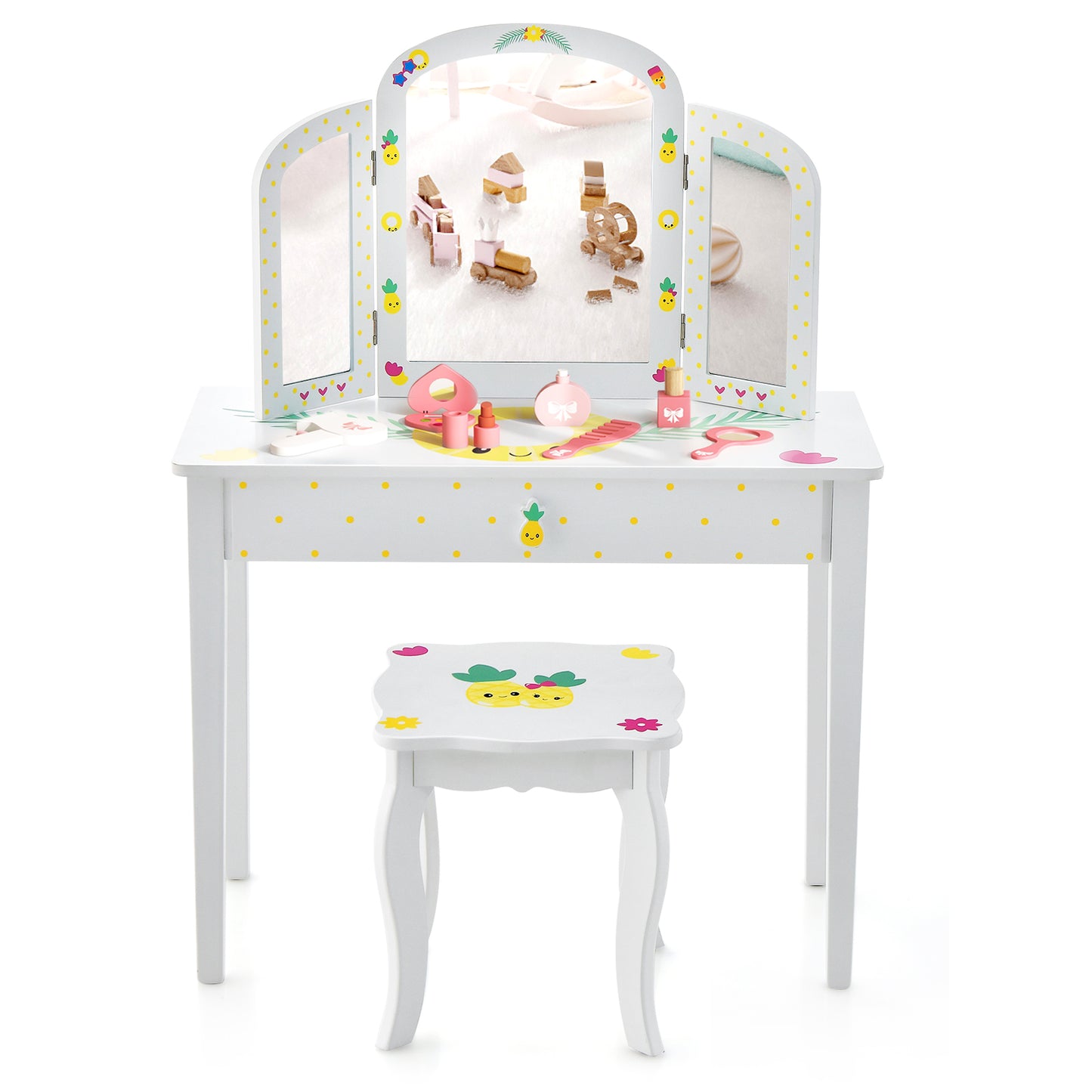 Kids Vanity Set Pretend Play Makeup Dressing Table Set-White