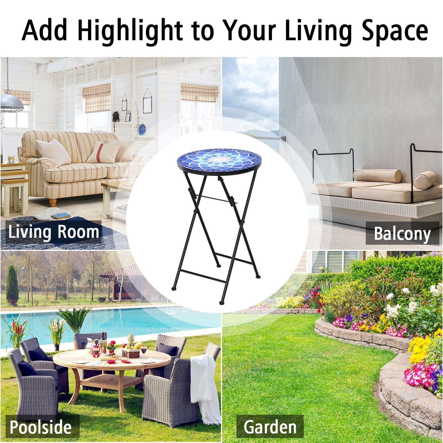 Folding Mosaic Side Table with Ceramic Tile Top and Non-slip Foot Mat-Blue Flower