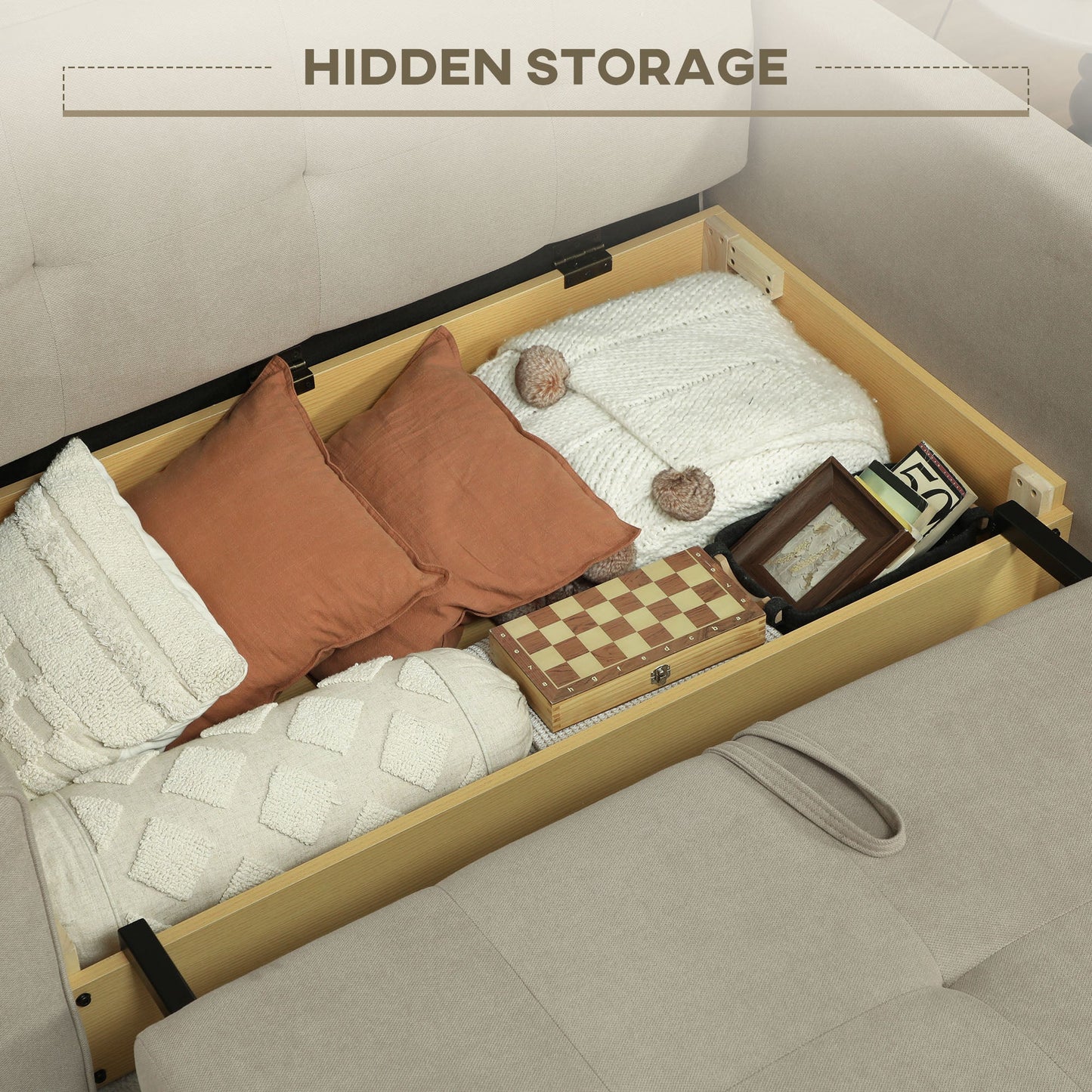 HOMCOM 2 Seater Sofa Bed with Hidden Storage, Pull Out Convertible Bed Settee, Modern Velvet Loveseat Sofa Sleeper with 2 Cushions for Living Room, Guest Room, Light Brown