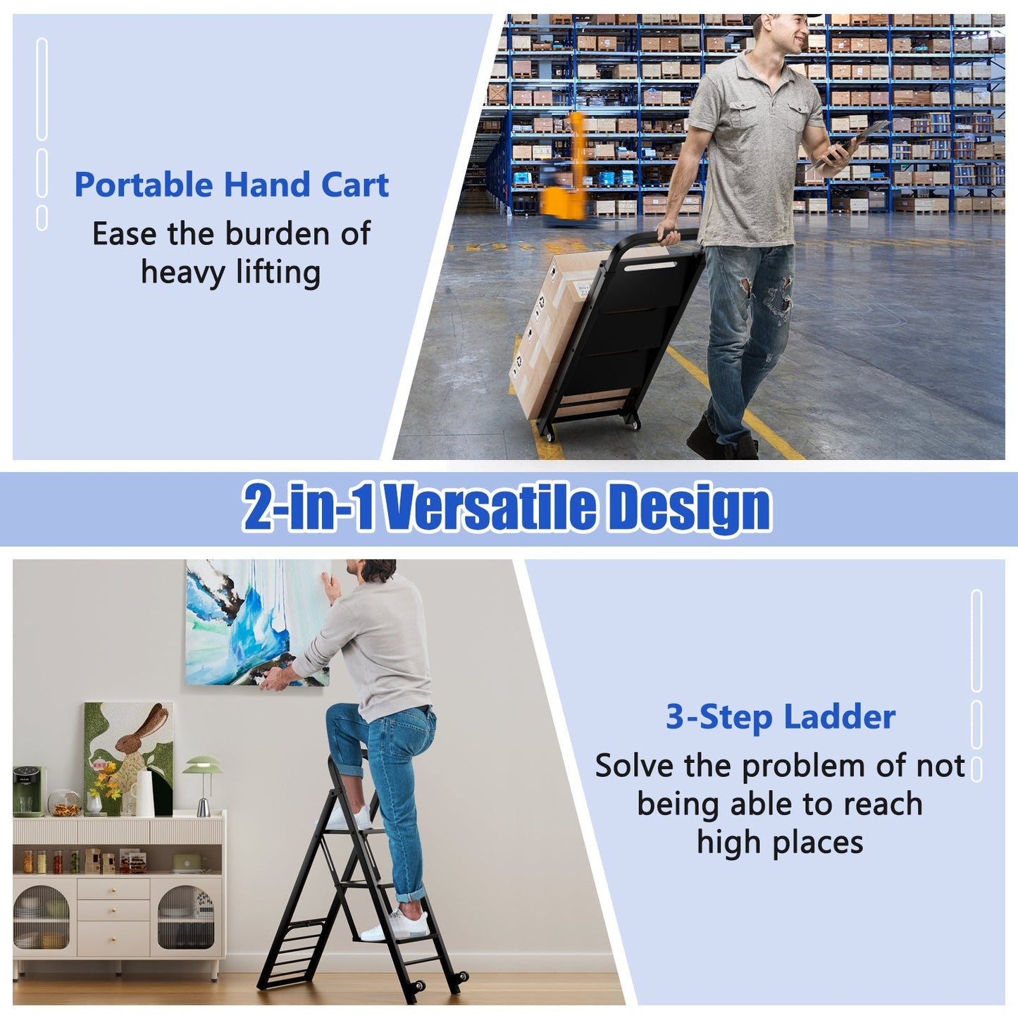 2-In-1 Hand Truck and Ladder Foldable 3-Step Ladder with Non-slip Wide Pedals-Black