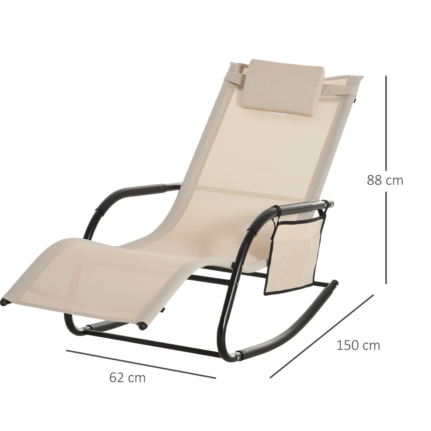 Outsunny 2PCs Outdoor Garden Rocking Chair, Patio Sun Lounger Rocker Chair z oddychającą siateczką, zdejmowana poduszka zagłówka, podłokietnik, boczna torba do przechowywania, kremowo-biały
