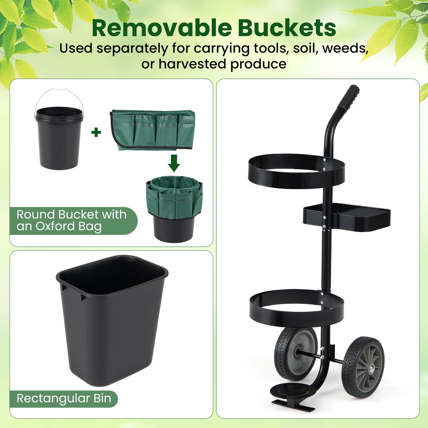 Heavy Duty Rolling Garden Cart with Wheels and Round Bucket-Green