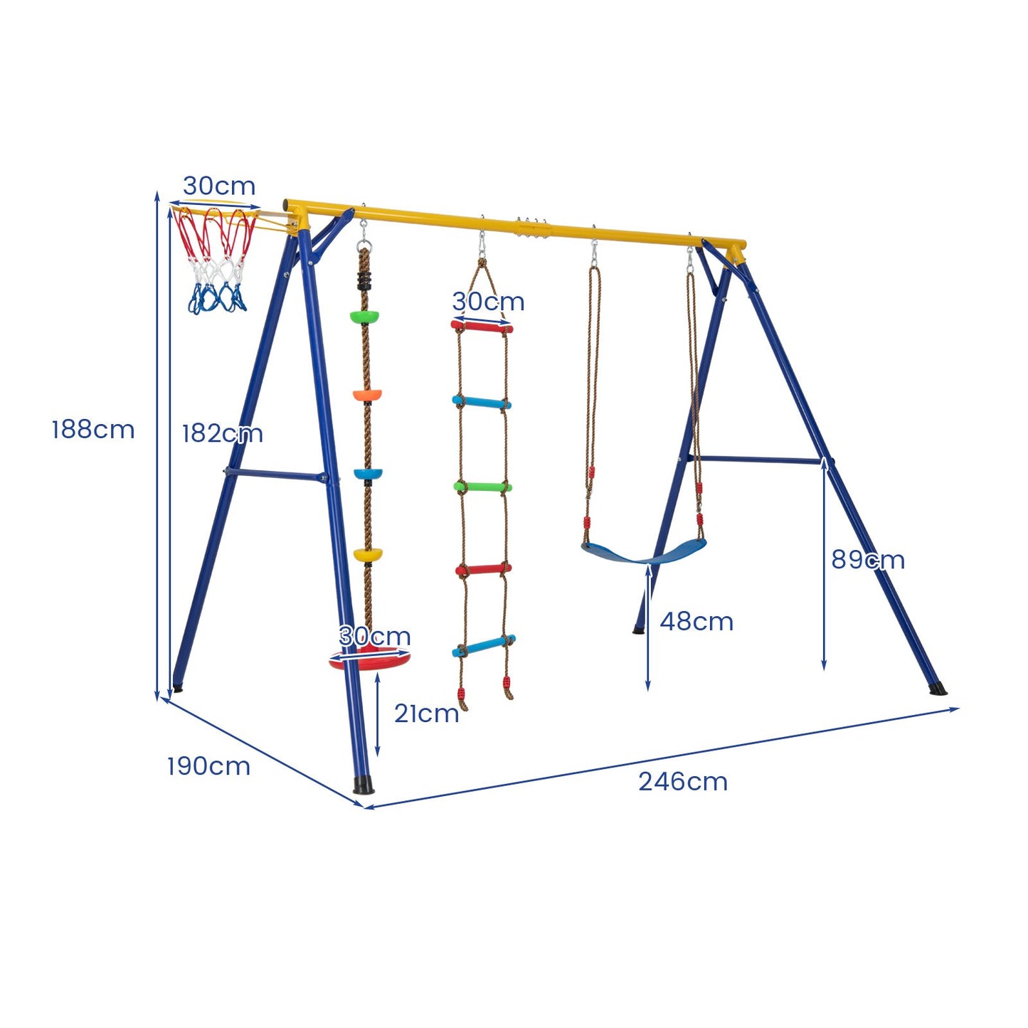 4-in-1 Heavy Duty Swing Set with 1 Basketball Hoop and 1 Adjustable Belt Swing-Blue & Yellow