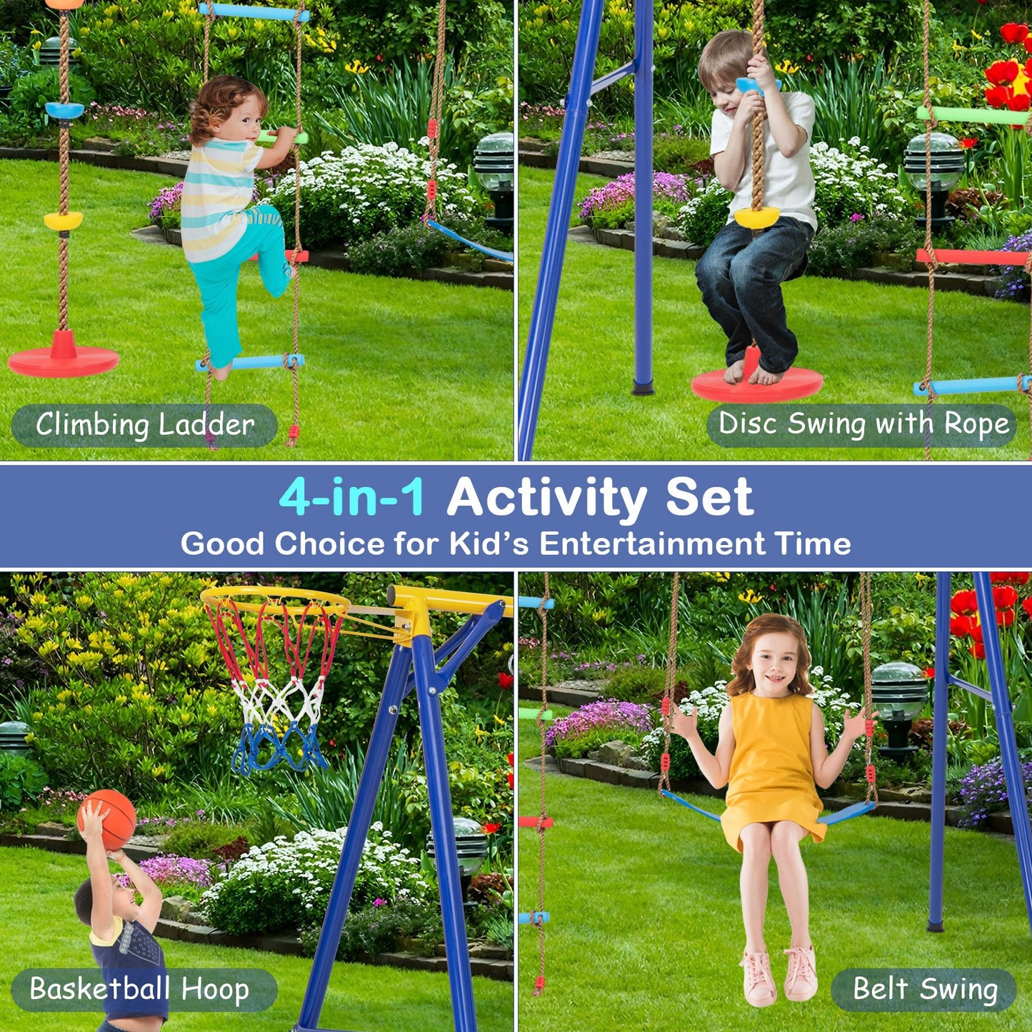 4-in-1 Heavy Duty Swing Set with 1 Basketball Hoop and 1 Adjustable Belt Swing-Blue & Yellow