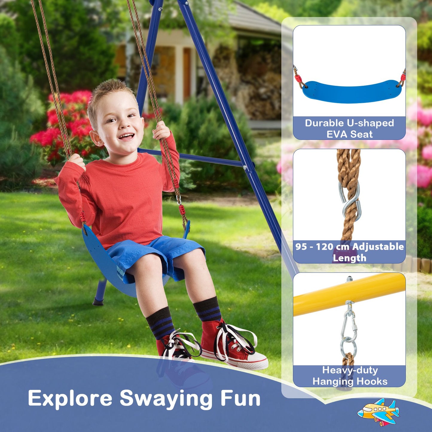 4-in-1 Heavy Duty Swing Set with 1 Basketball Hoop and 1 Adjustable Belt Swing-Blue & Yellow