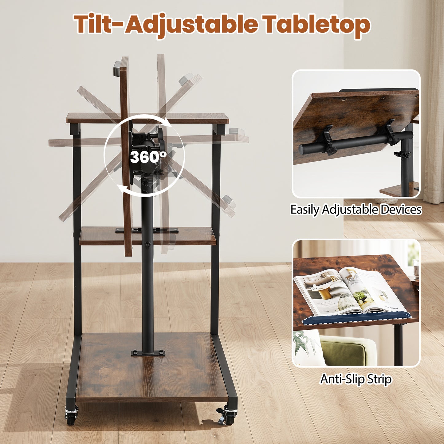 Height Adjustable C Table with Charging Station & Tiltable Top and Wheels-Rustic Brown