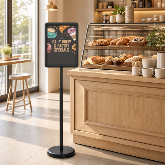 Height Adjustable Floor Standing Poster Stand with Snap-Open Frame and 360° Rotation-Black