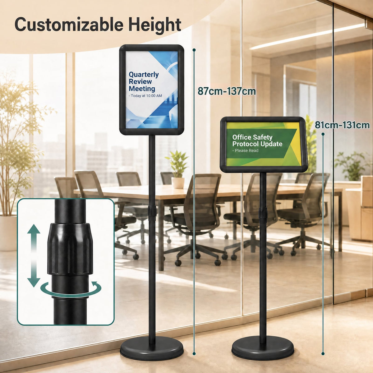 Height Adjustable Floor Standing Poster Stand with Snap-Open Frame and 360° Rotation-Black