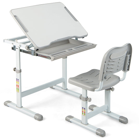 Height Adjustable Kids Study Table and Chair Set with Tilting Tabletop-Grey