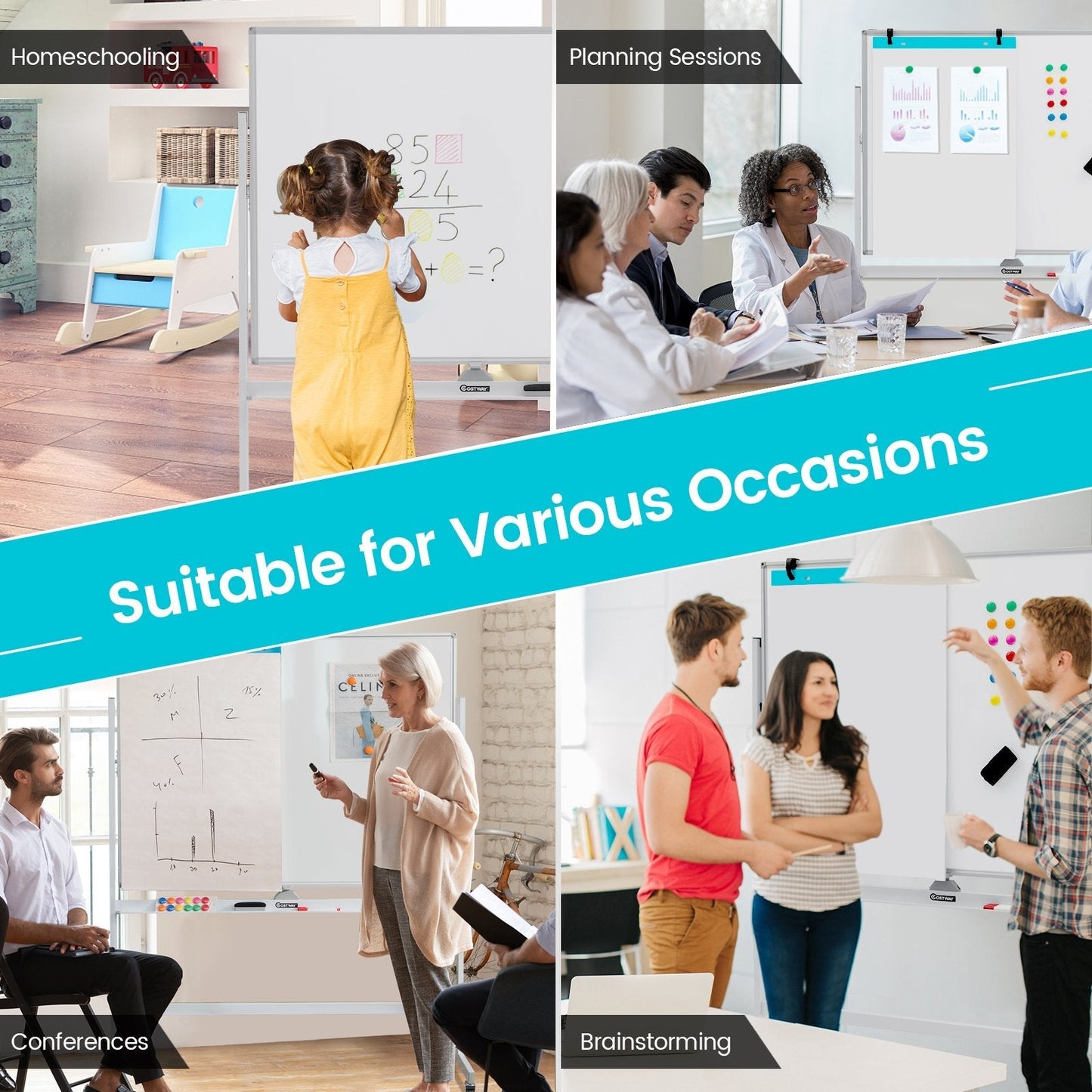 Height Adjustable Magnetic Double Sided Whiteboard with Wheels-White