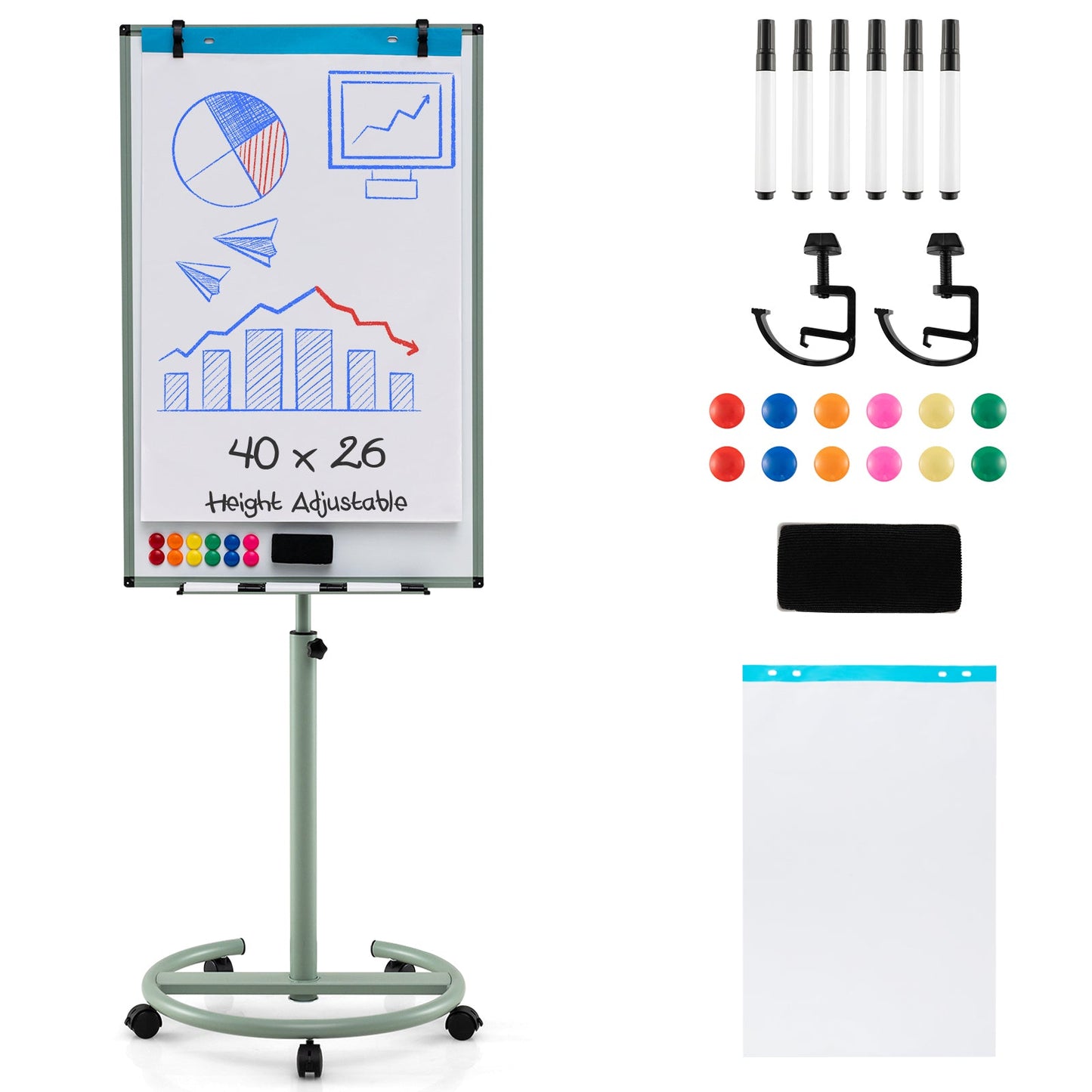 100 cm x 65 cm Height-Adjustable Magnetic Whiteboard on Wheels-Green