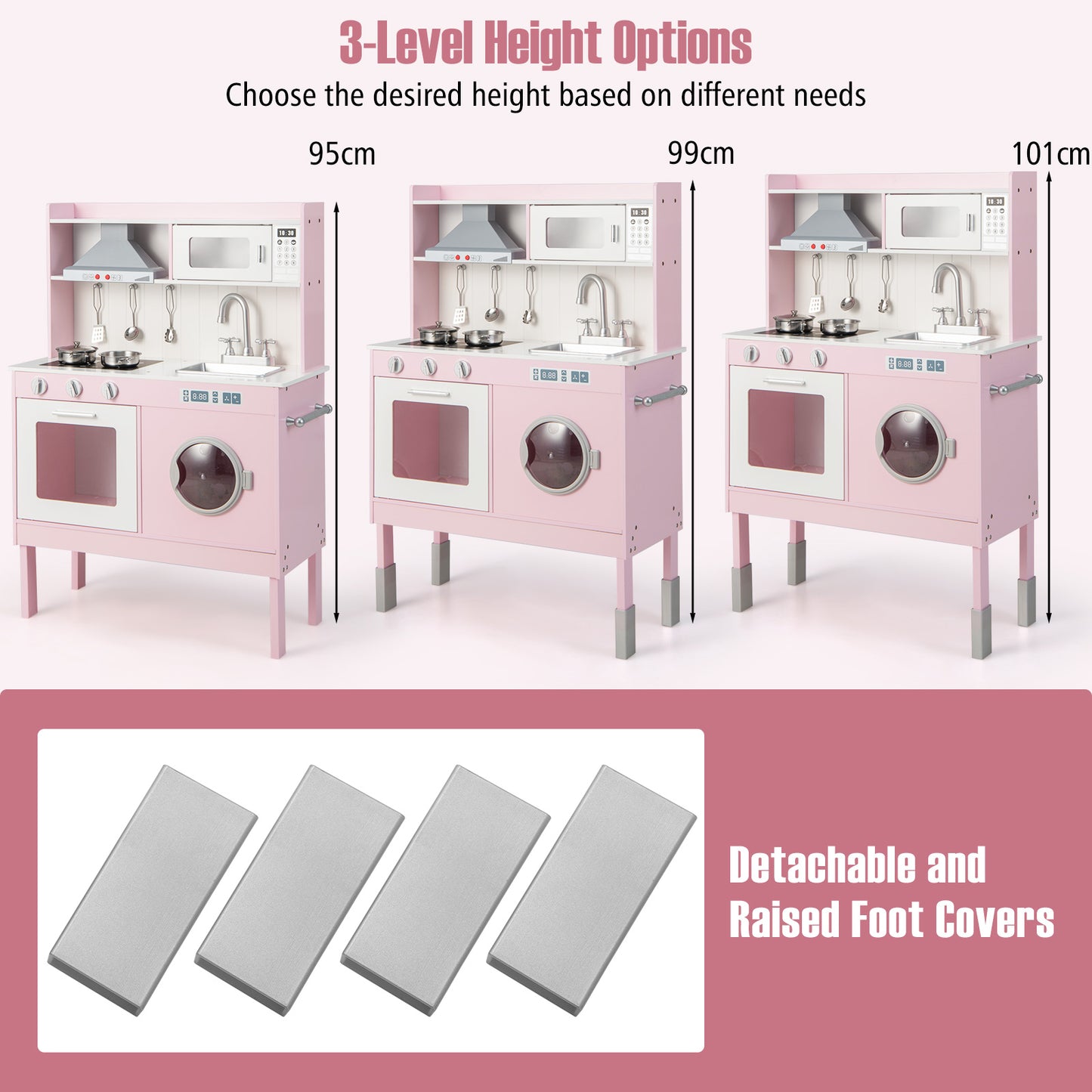 Adjustable Wooden Kids Play Kitchen with Washing Machine-Pink