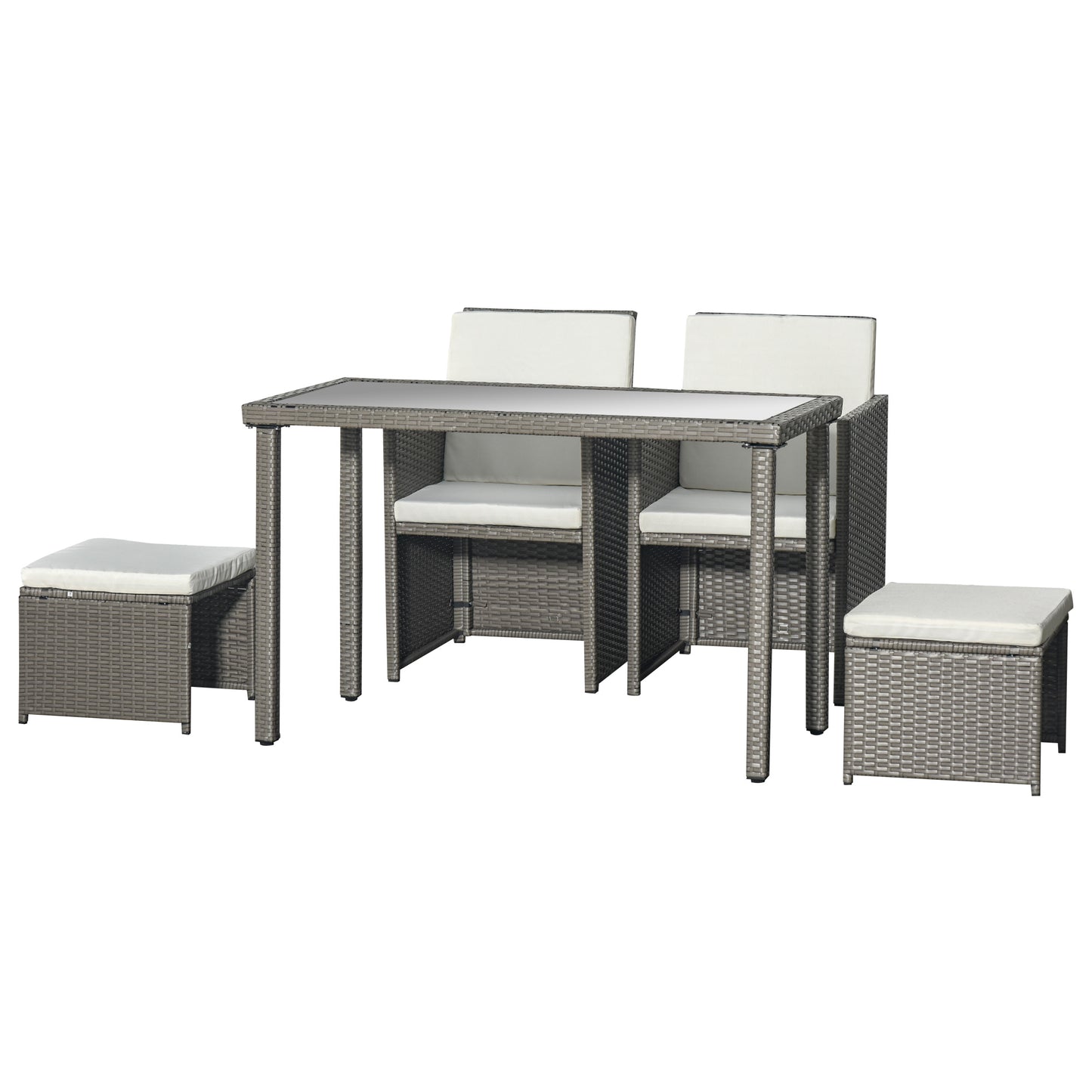Zestaw mebli ogrodowych Outsunny 2 Seater Rattan Cube, zestaw jadalny z rattanu z poduszkami, stół jadalny i krzesła do użytku na zewnątrz z 2 fotelami, 2 stołkami, prostokątny szklany blat stołu na patio, balkon, szary
