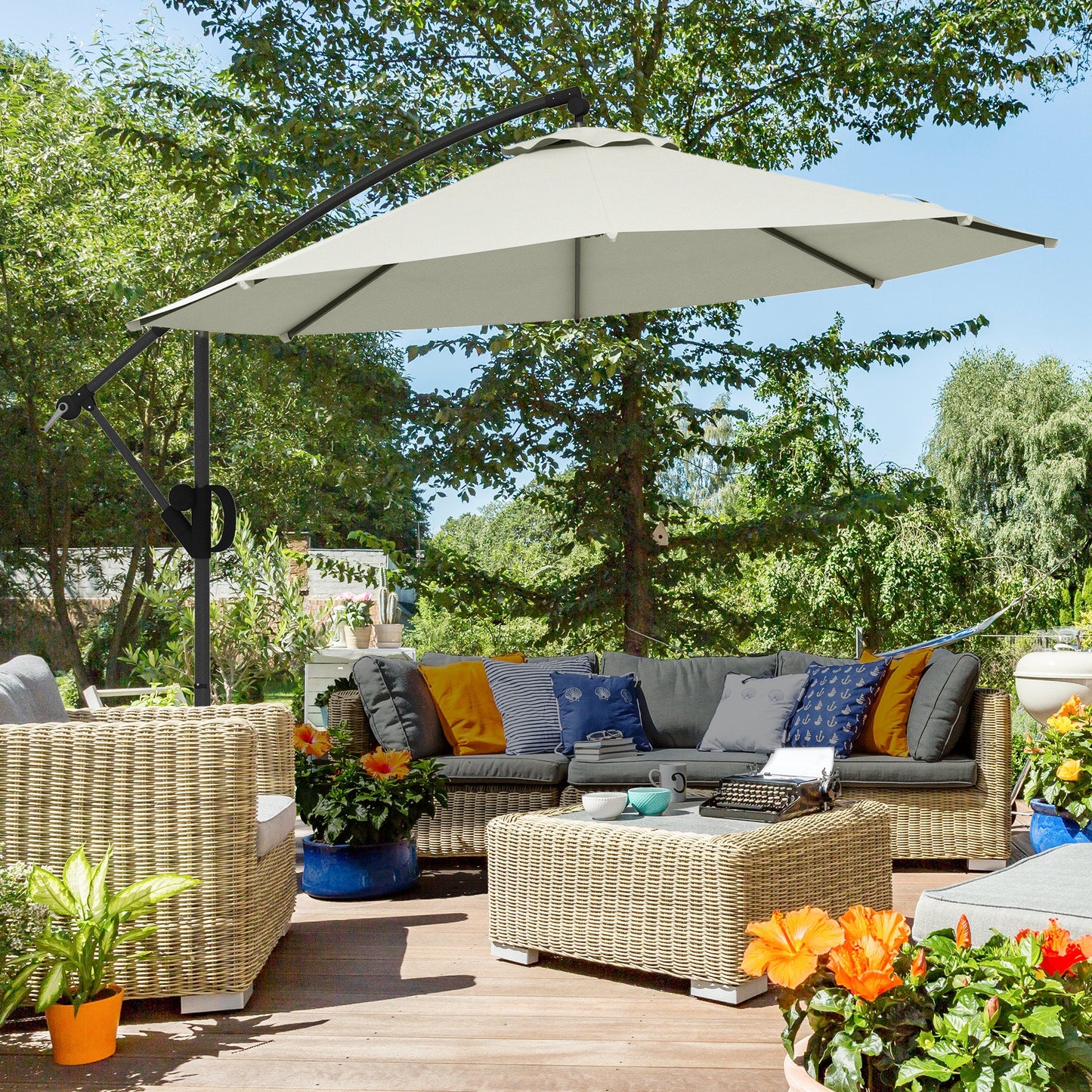 Outsunny 3(m) Parasol typu Offset Cantilever z podstawą w kształcie krzyża - kremowy