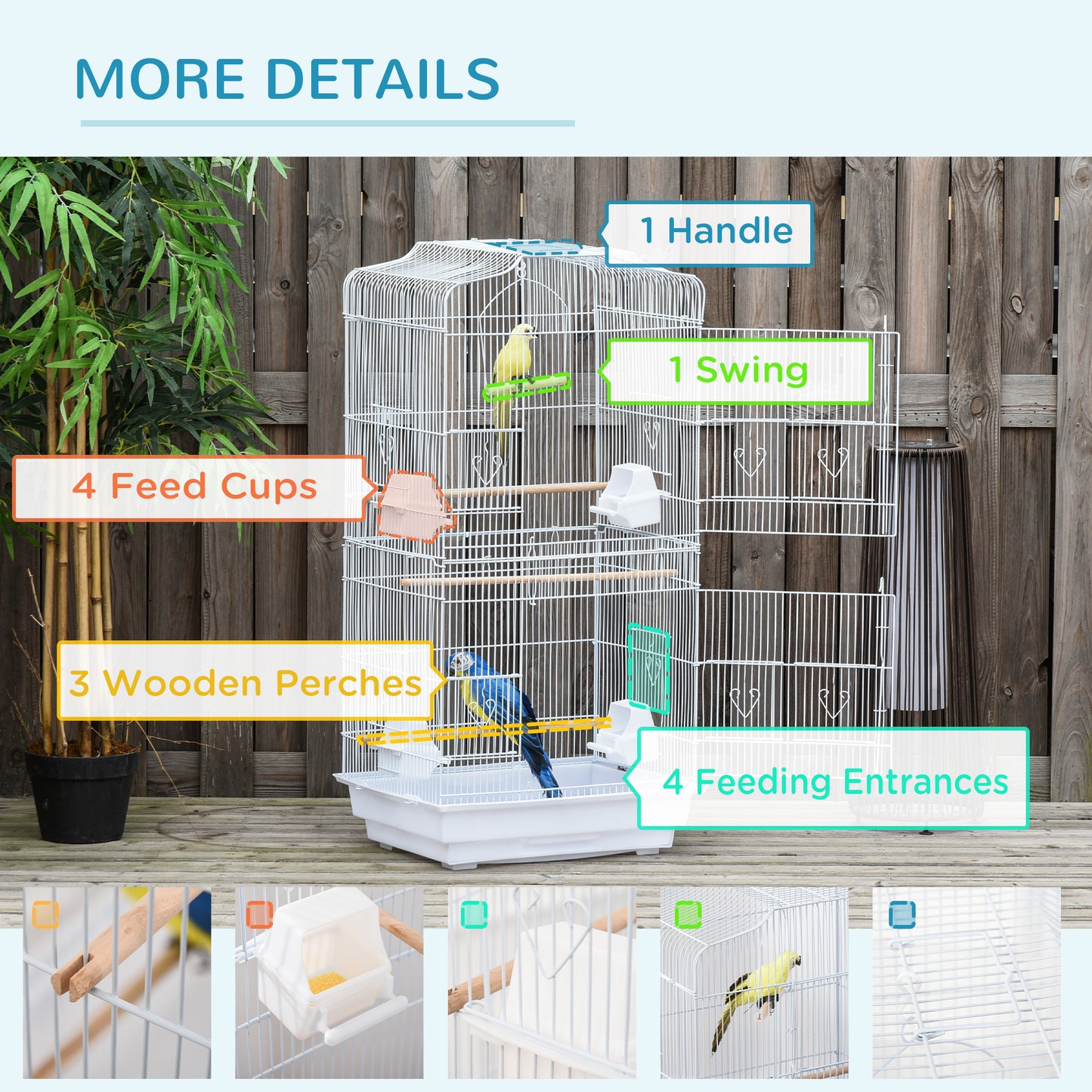 PawHut Large Metal Bird Cage with Perches, Food Bowls, Swing, for Budgies, Parakeets, White