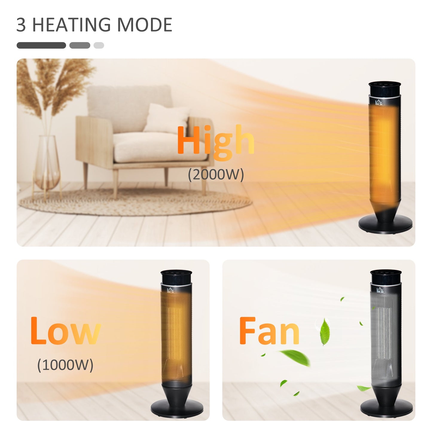 HOMCOM 21 Inch Space Heater, 1000W/2000W Ceramic Electric Heater and Fan, Overheating & Tip-Over Protection, 8H Timer, 42¡ Oscillation, Portable Heater for Home