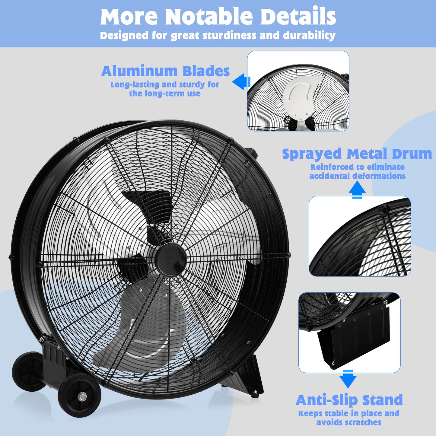 24 Inch High-Velocity Industrial Floor Fan with Wheels and Handle-Black