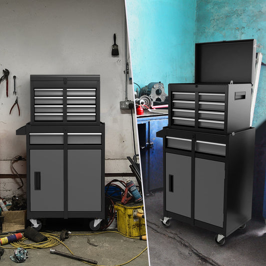 High Capacity Tool Storage Cabinet with Lockable Wheels-Black & Grey