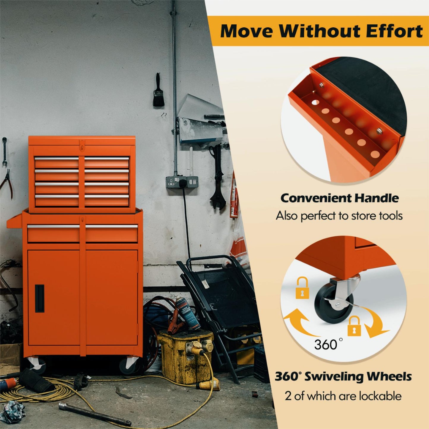 High Capacity Tool Storage Cabinet with Lockable Wheels-Orange