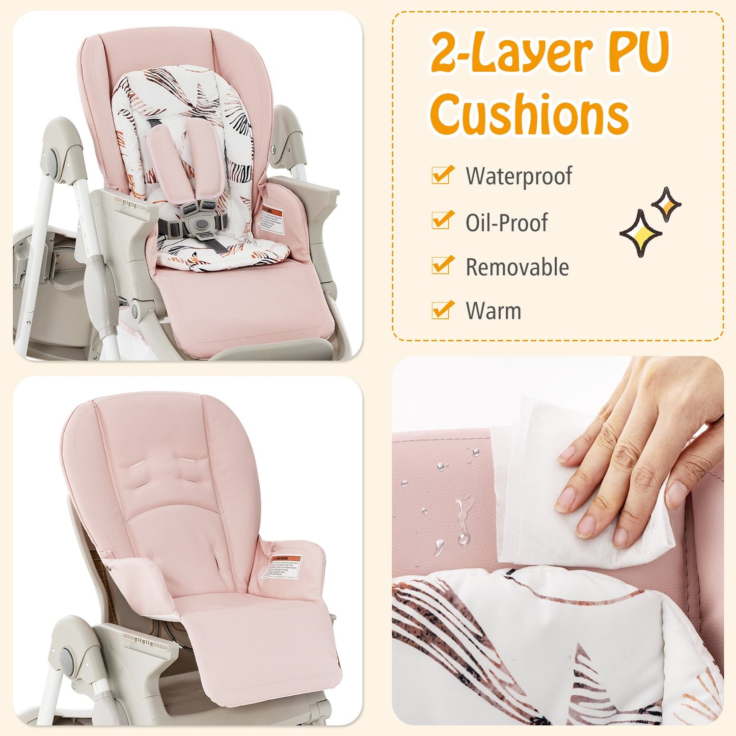 Multifunctional Folding Baby High Chair with Rolling Wheels-Pink