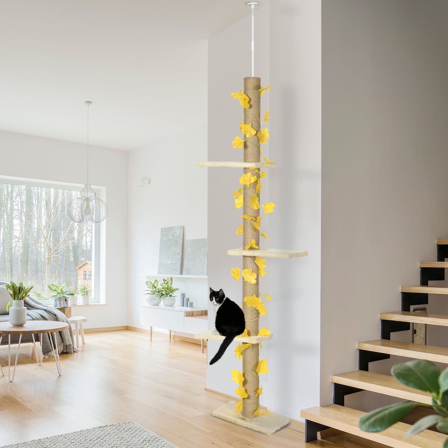 Drapak dla kota PawHut 242 cm, regulowany, od podłogi do sufitu, ze sztuczną dekoracją, grzędami, zestawem antypoślizgowym – żółty