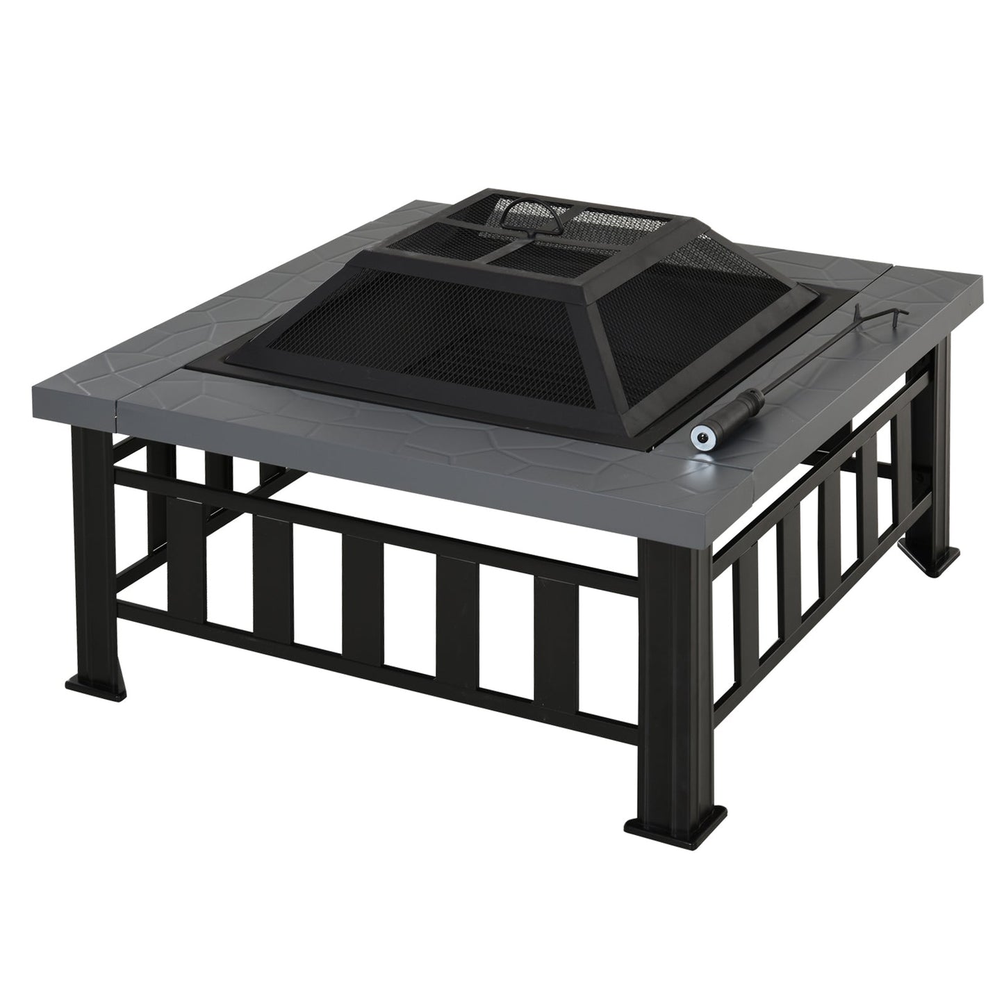 Outsunny Metal Large Firepit Outdoor Square Fire Pit Brazier with Rain Cover, Lid, Log Grate, Poker for Backyard, Camping, BBQ, Bonfire, Wood Burning Stove, 86 x 86 x 54cm, Black