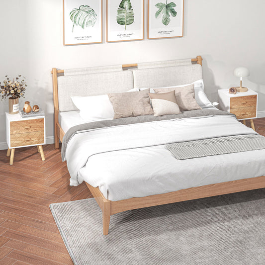 طاولة بجانب السرير ذات درجين من هومكوم مع أرجل من الصنوبر، خزانة تخزين خشبية لغرفة النوم، مجموعة من قطعتين، طبيعية