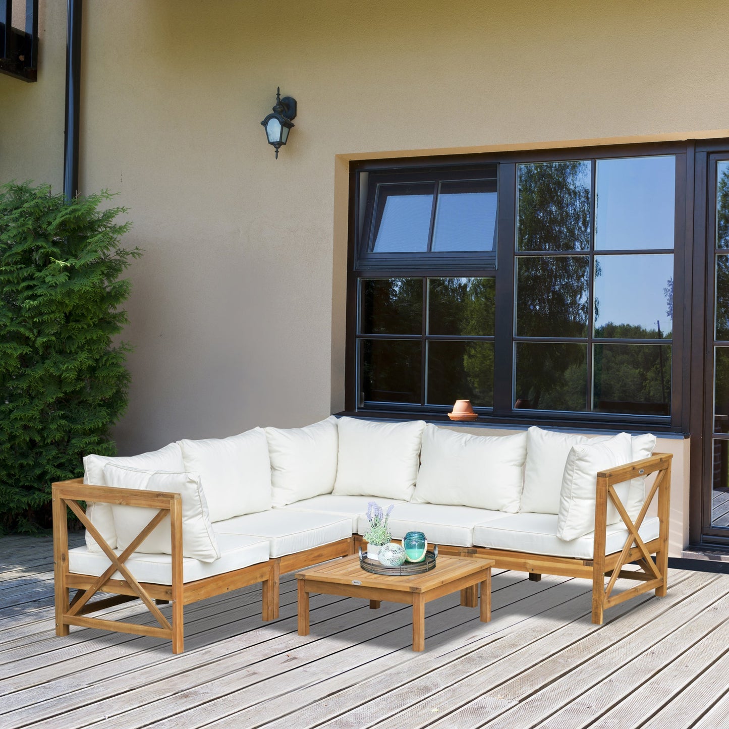Outsunny 6-częściowy elegancki zestaw do jadalni na patio z drewnianą ramą i poduszkami, stolik kawowy, meble ogrodowe, sofa, balkon, patio, kremowo-biały