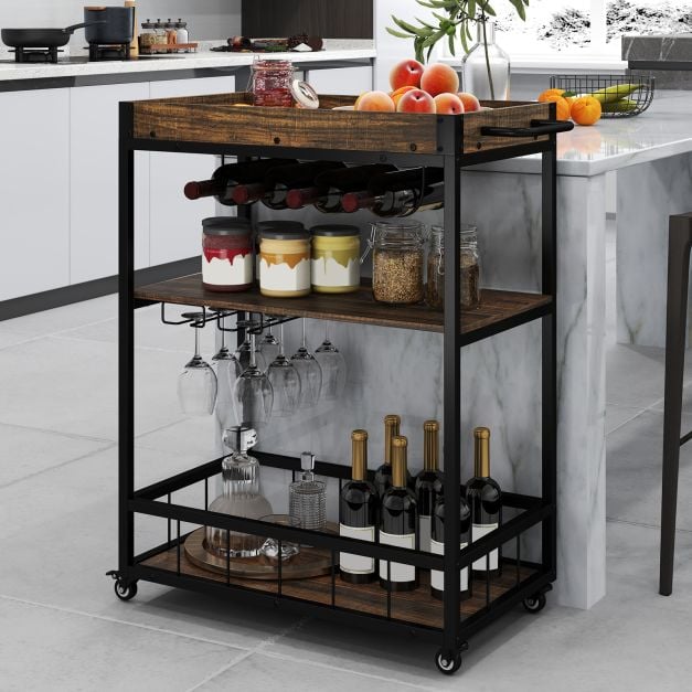 Home Bar Cart on Wheels Kitchen Serving Cart with Removable Tray-Rustic Brown