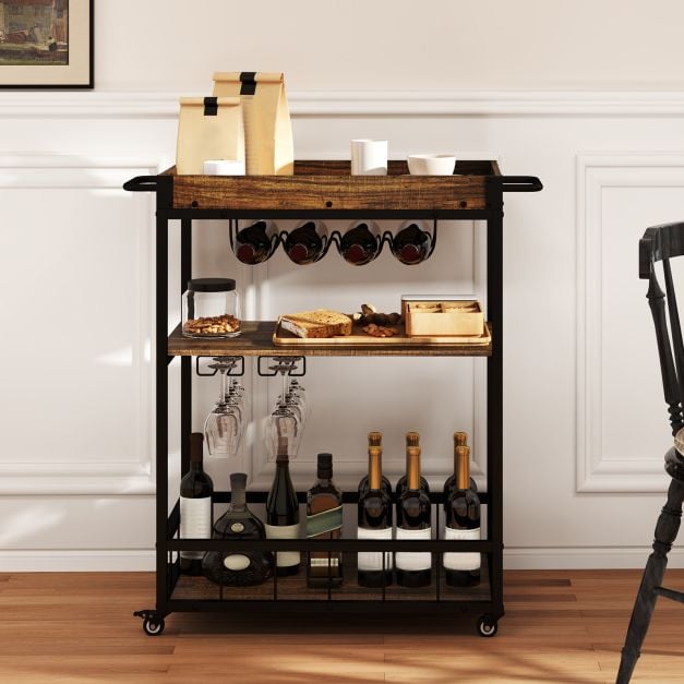 Home Bar Cart on Wheels Kitchen Serving Cart with Removable Tray-Rustic Brown